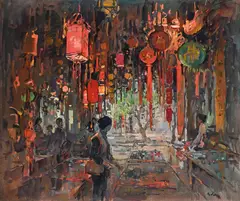 The lantern shop, lijiang by Susan Ryder, Oil on canvas, sold Mar 2024