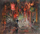The lantern shop, lijiang by Susan Ryder, Oil on canvas, sold Mar 2024