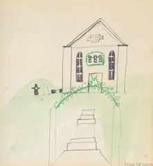 Study of a church by Mary Newcomb, Pencil, coloured crayon and watercolour, sold Mar 2024