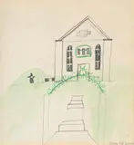 Study of a church by Mary Newcomb, Pencil, coloured crayon and watercolour, sold Mar 2024