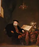 Scholar seated beside an open psalter by Abraham van Den Hecken, Oil on panel, sold Feb 2024