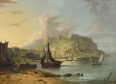 Coastal fishing village by Sebastian Pether, Oil on canvas, sold Feb 2024