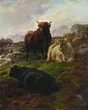 Cattle in a moorland landscape beside a stream by Charles Jones, Oil on canvas, sold Feb 2024
