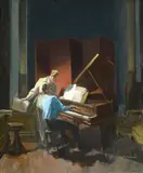Piano practice by Armand Massonet, Oil on canvas, sold Feb 2024