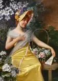 Woman seated with a basket of flowers and a fan by Adriano Goby, Oil on canvas, offered Feb 2024