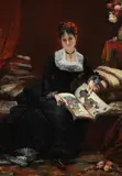 An elegant lady looking at a book of japanese prints by Jules-Émile Saintin, Oil on canvas, sold Feb 2024