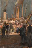 Steamer in a port by Frank Brangwyn, Oil on board, unframed, sold Feb 2024
