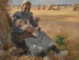 Mother and child in a wheatfield by William Kay Blacklock, Oil on canvas laid to board, sold Feb 2024
