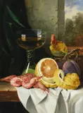 Still life with a roemer, cut lemon, prawns, and plums by Edward Ladell, Oil on canvas, sold Feb 2024