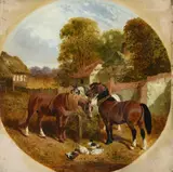 Horses and ducks in a farmyard by John Frederick Herring Junior, Oil on canvas, painted tondo, offered Feb 2024
