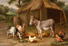 A donkey with goats and chickens by Edgar Hunt, Oil on canvas, sold Feb 2024