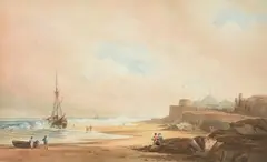 Portugal 'figueria de foz' buildings on the atlantic shore by John Varley, Watercolour heightened with white, sold Feb 2024
