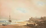 Portugal 'figueria de foz' buildings on the atlantic shore by John Varley, Watercolour heightened with white, sold Feb 2024