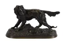 Hunting dog with hiding rabbit by Jules Moigniez, sculpture, sold Jan 2024