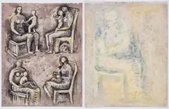 Mother and Child verso by Henry Moore, Pen and ink, watercolour wash, wax crayon, circa, sold Dec 2023