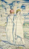 Women on the Sea Shore by Albert Rutherston, Watercolour and bodycolour on silk, offered Dec 2023
