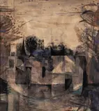 The Village by Alan Reynolds, Watercolour, bodycolour and pencil on wove paper, sold Dec 2023