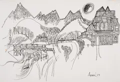 Abstract landscape with hills by Avinash Chandra, Pen and ink, sold Dec 2023