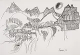 Abstract landscape with hills by Avinash Chandra, Pen and ink, sold Dec 2023