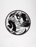 Skijoring by Lill Tschudi, Linocut, offered Dec 2023