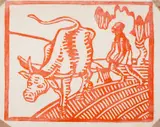 The Water Plough by Diana Drew, Linocut printed in red, offered Dec 2023