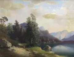 Continental lakeside landscape before mountains by Carl Hasch, oil on canvas, sold May 2024