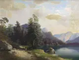Continental lakeside landscape before mountains by Carl Hasch, oil on canvas, sold May 2024