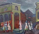 Town scene with figures, 50 x 61cm, unframed by Frith Milward, oil on canvas, sold May 2024