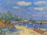 Beach scene with boats by Peggy Somerville, oil, sold May 2024