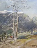 Swiss mountainous landscape with chalets by Maud Cecil, 1949, oil on canvas, offered May 2024