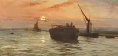 Dusk-lit marine view by Charles Henry Miller, 1885, oil on canvas, sold May 2024