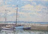 Impressionist oil on board, Yachts in a harbour, initialled 17 x 22cm No damage seen; could do with a clean by Hugh Boycott-Brown, oil on board, sold Apr 2024