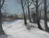 Snowy winter landscape by Poul Kastrup, oil on canvas, offered Apr 2024