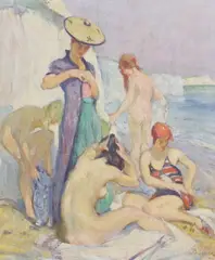 Female bathers by Alfred Palmer, oil on board, sold Apr 2024