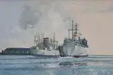 Boats at sea by Eileen James, oil on canvas, offered Apr 2024