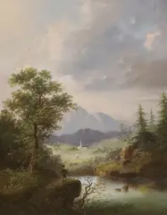 Continental river landscape before mountains by Alfred Bachmann, oil on canvas, sold Apr 2024