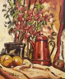 Still life ‘’The red coffee pot and Azalea’’ by Angela Bailey, oil, sold Apr 2024