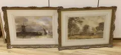 Coastal landscape with windmill and rural by David Cox Jnr., watercolor, sold Apr 2024