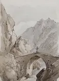 Alpine bridge by Henry William Burgess, ink and wash, sold Apr 2024