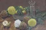 Still life of fruit and flowers by Nina Timbrell, oil on canvas, sold Apr 2024
