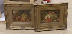 Still lifes of fruit and flowers by Oliver Clare, oil, sold Apr 2024