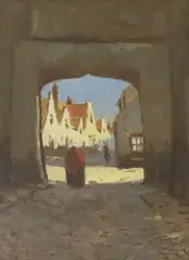 Continental town scene with figure beneath an by Christiaan Soer, oil on panel, sold Apr 2024