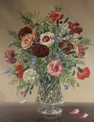 Still life of flowers in a vase by Albert Williams, oil on board, sold Apr 2024