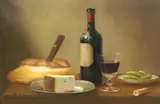 Still life of red wine and cheese by Brian Davies, oil on canvas, sold Apr 2024
