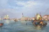 Venetian landscape with gondolas by J. H. Flory, oil on canvas, sold Apr 2024