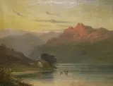 Mountainous loch scene with highland cattle by L. Leroux, oil on canvas, sold Apr 2024