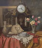 Still life of flowers, vessels and mantel clock by Franz Krischke, oil on board, sold Apr 2024