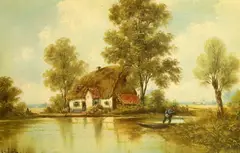 River landscape with thatched cottage by Gerrit Jan Schouten, oil on canvas, sold Apr 2024