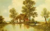 River landscape with thatched cottage by Gerrit Jan Schouten, oil on canvas, sold Apr 2024