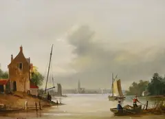 Dutch canal scene with fishing boats by Mike Jeffries, oil on board, sold Apr 2024